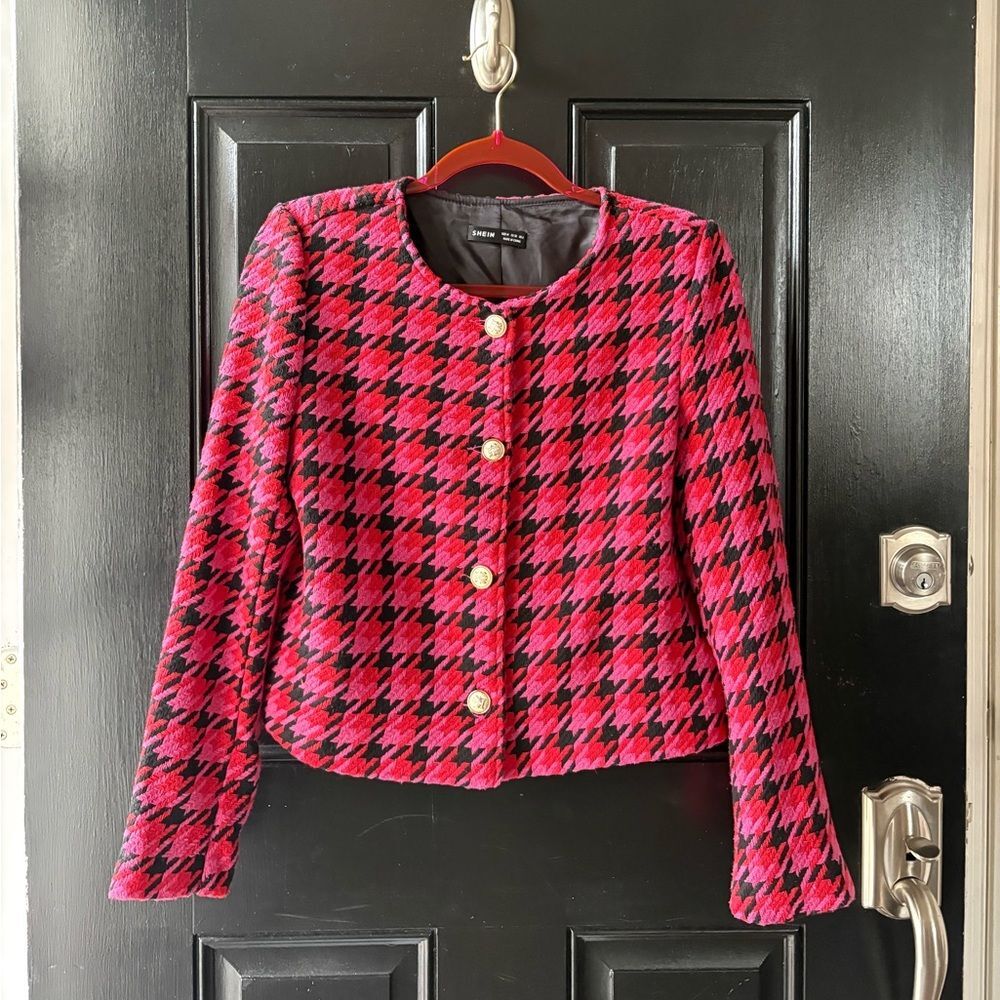 SHEIN Pink Black Houndstooth Blazer Lady Jacket Size S/M